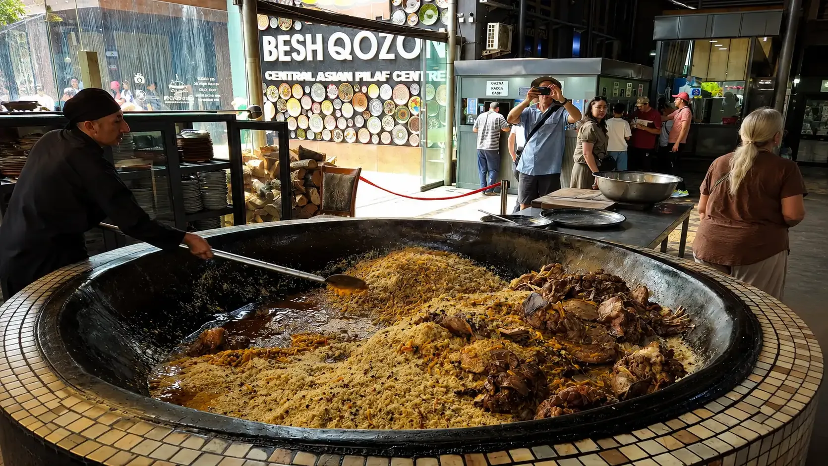 A cook turning pilaf in one of the giant kazans at Besh Qozon.