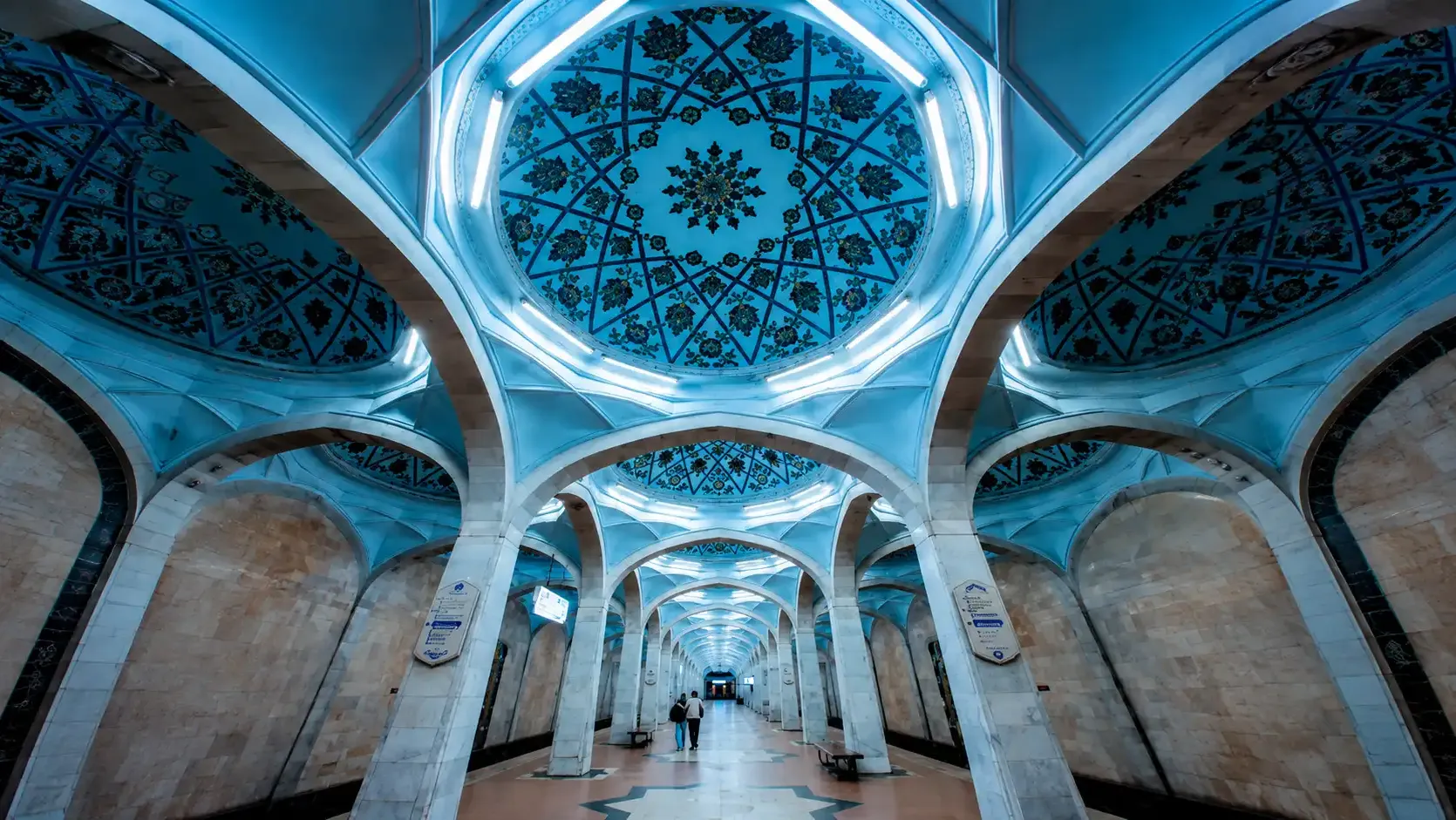 The blue majolica domes of Alisher Navoi station on the Tashkent metro.